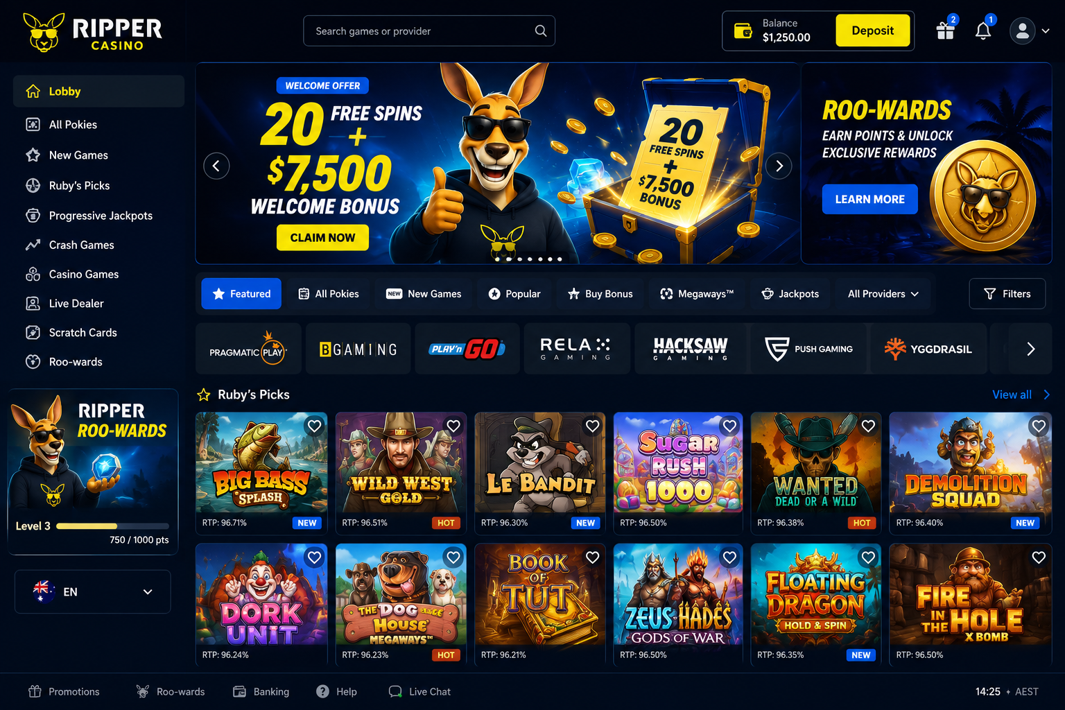 Ripper Casino mobile lobby